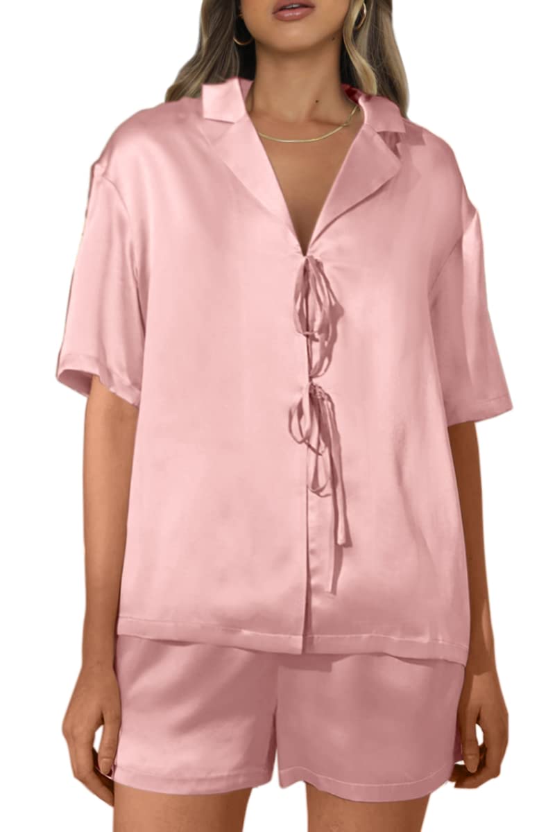 Women's Silk Satin Pajamas Sets Tie Front Short Sleeve Tops and Shorts Two Piece Pj Sets Sleepwear