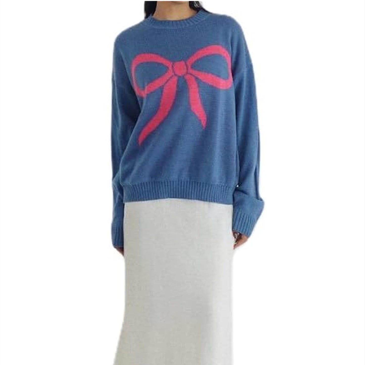 Women Oversized Y2K Fall Sweater Cute Bow Print Long Sleeve Cable Knit Pullover