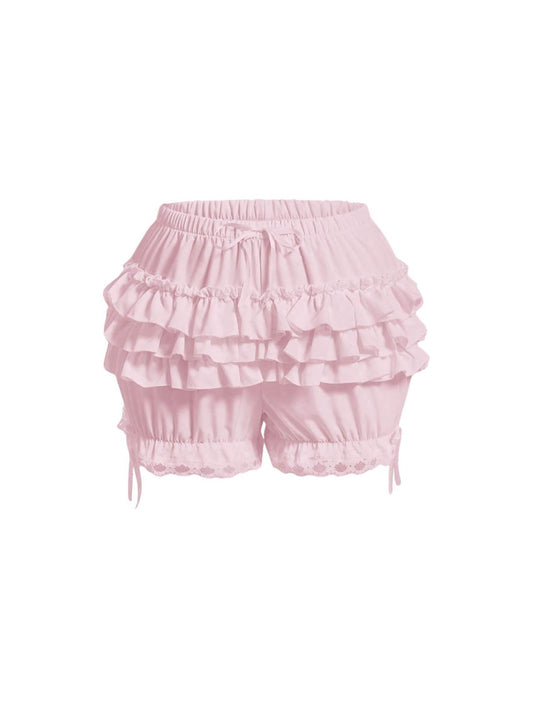 Women's Bow Front Tiered Ruffled Shorts Lace Drawstring Waist Shorts