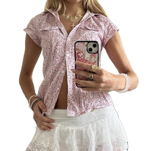 Women Y2k Coquette Button Down Shirt Cute Button Up Cap Sleeve V Neck Preppy Slim Fit Summer 90s Crop Top Blouse