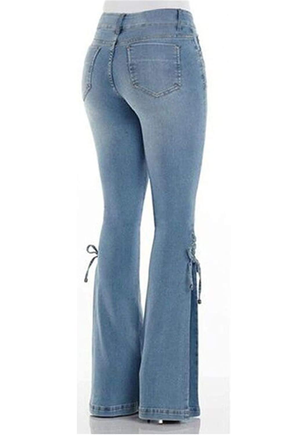 Women's Lace-up Bell Bottom Denim Pants Mid Waist Stretchy Flare Jeans