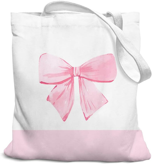 Coquette Pink Bow Preppy Canvas Tote Bag for Women and Teen Girls – Trendy Bow-Themed