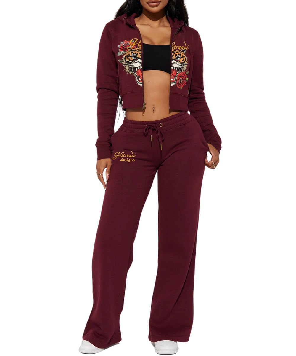 Womens 2 Piece Cropped Hoodies Jacket Sweatpants With Pockets Tracksuit