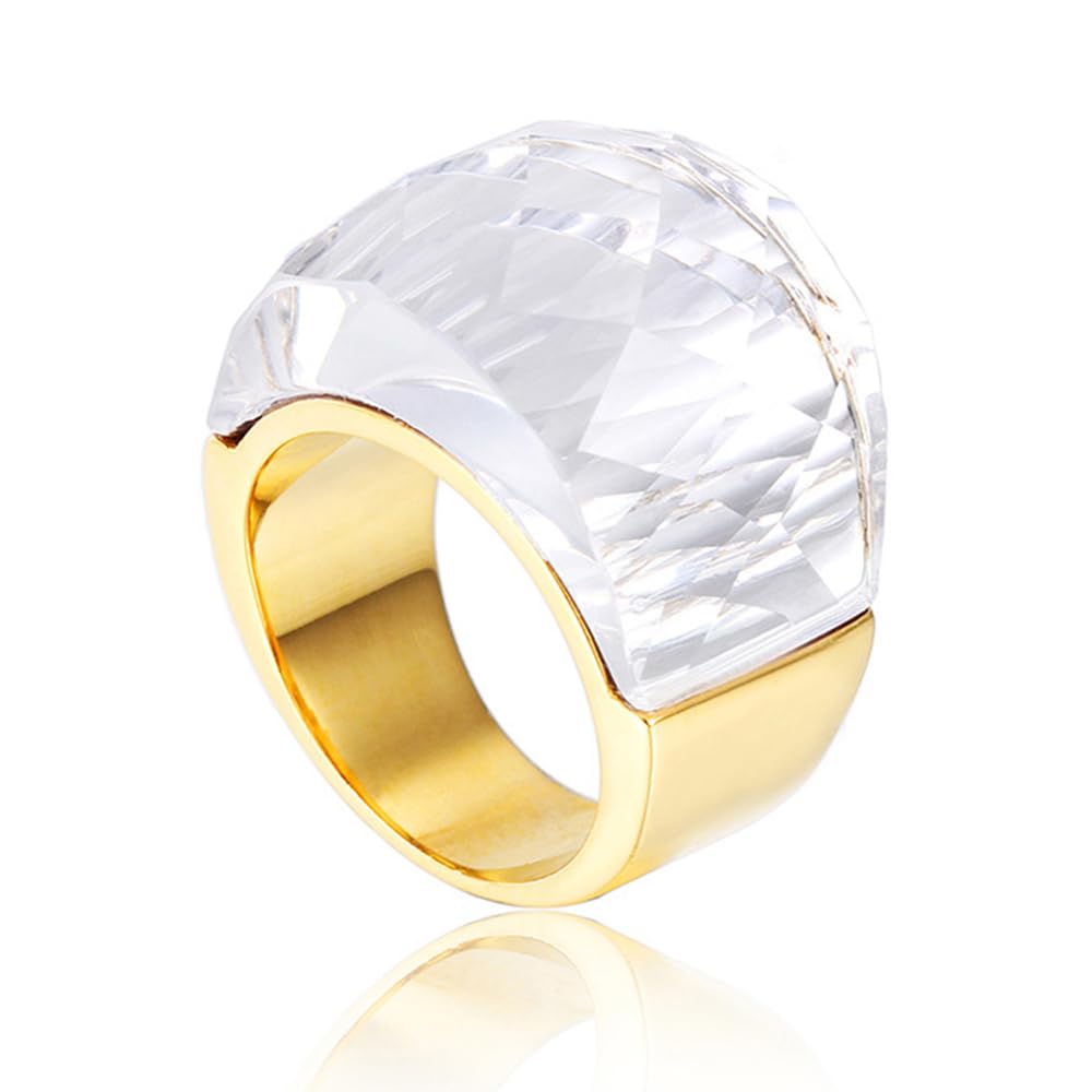 Gold-Plated Crystal Glass & Stainless Steel Band Ring – Exaggerated Cubic Zirconia Statement Ring for Women, Cocktail Party & Birthday Gift