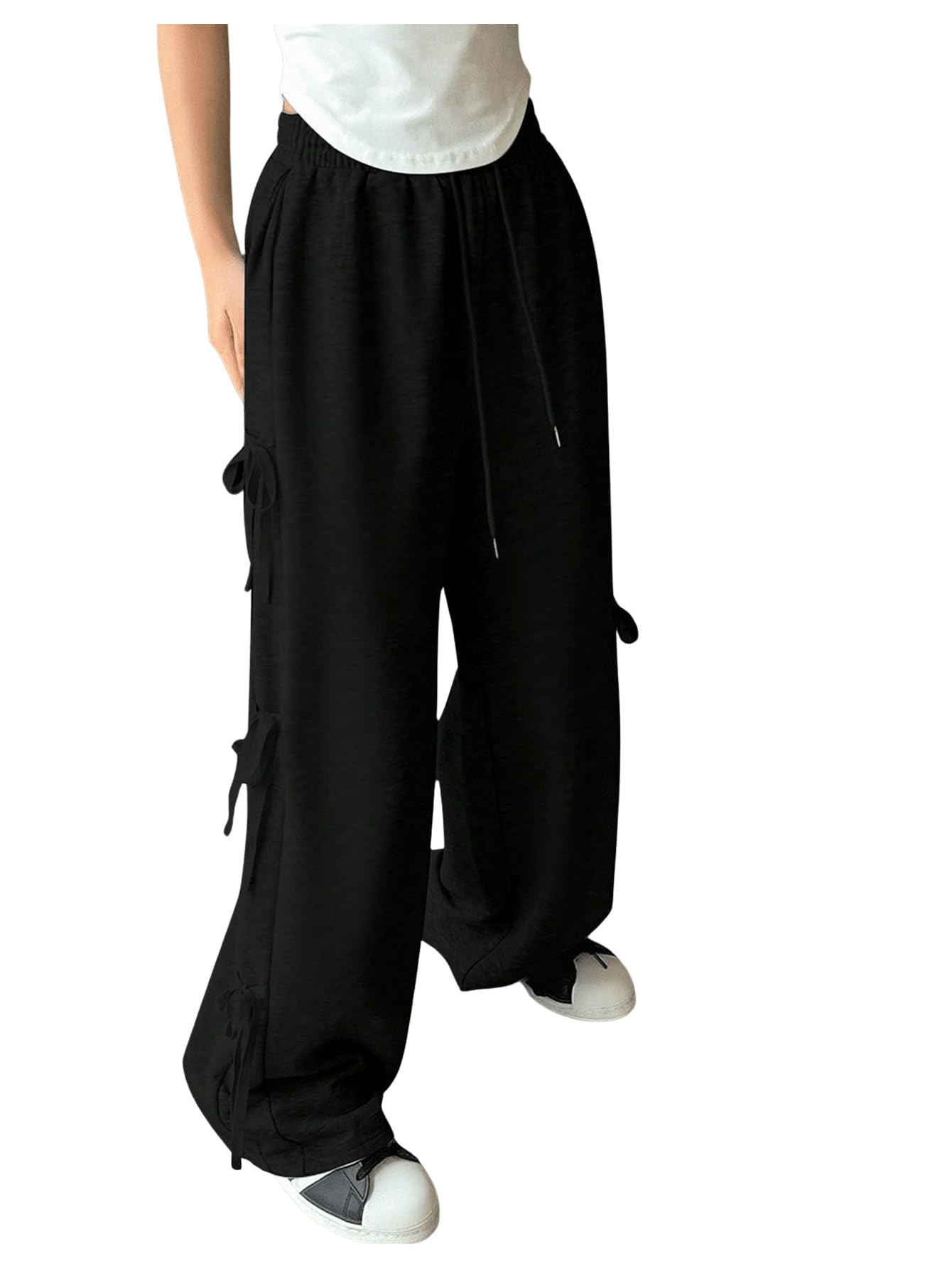 OYOANGLE Women's Side Bow Tie Straight Leg Sweatpants Drawstring Elastic Waist Loose Athletic Sports Pants