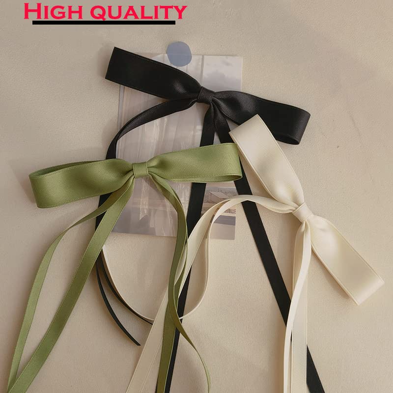 Satin 4-Piece Hair Ribbon Clips for Women and Girls – Pink and Beige Long Tail Bow Hair Accessories