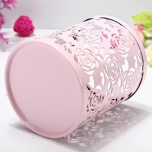 Hollow Rose Flower Pattern Metal Pen Pencil Pot Cup Holder Desk Container Organizer,2 Pieces Pink