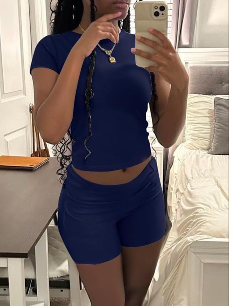 Workout Two Piece Outfits Short Sleeve Crop High Waist Foldover Shorts Tracksuit Sets Streetwear