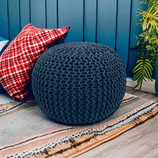 Hand-Knitted Cotton Round Pouf – Braid Cord Ottoman, Footrest, and Accent Seat for Living Room, Nursery, Kids Room, or Dorm Décor – 20x14