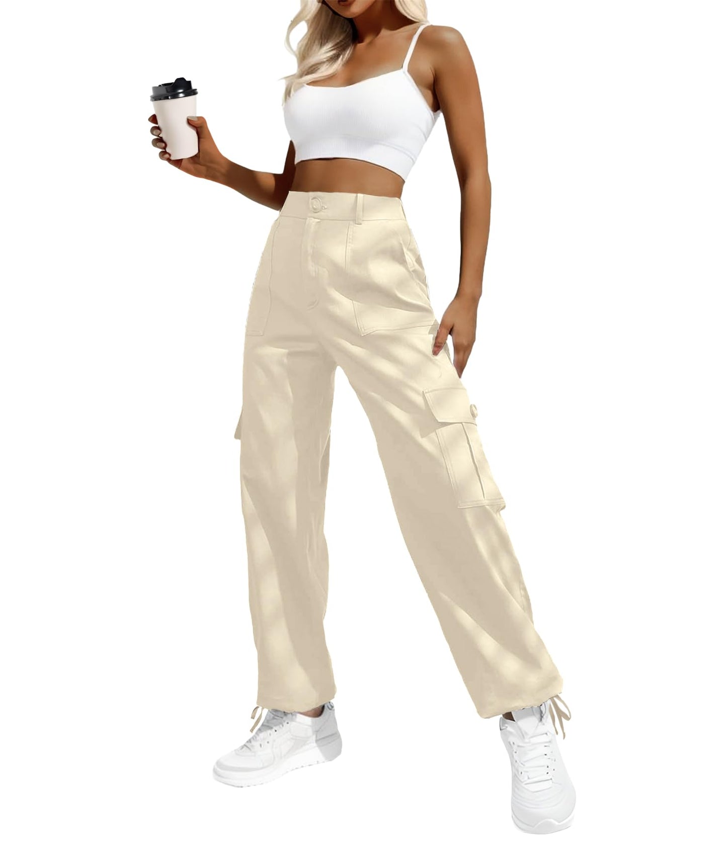 Women's High-Waisted Cargo Pants – Y2K Streetwear Baggy with 6 Pockets & Drawstring Cuffs