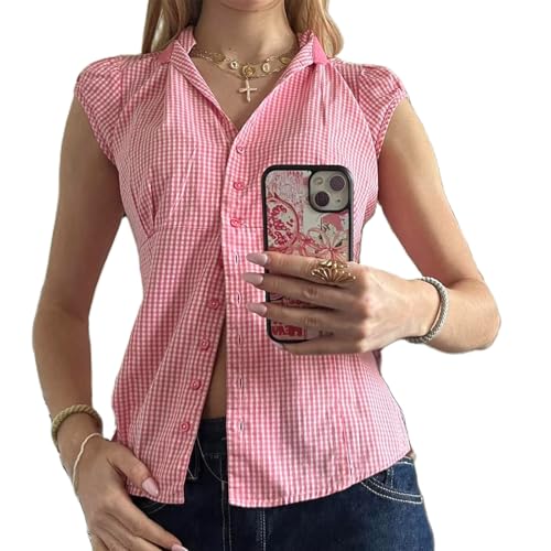 Women Y2k Coquette Button Down Shirt Cute Button Up Cap Sleeve V Neck Preppy Slim Fit Summer 90s Crop Top Blouse