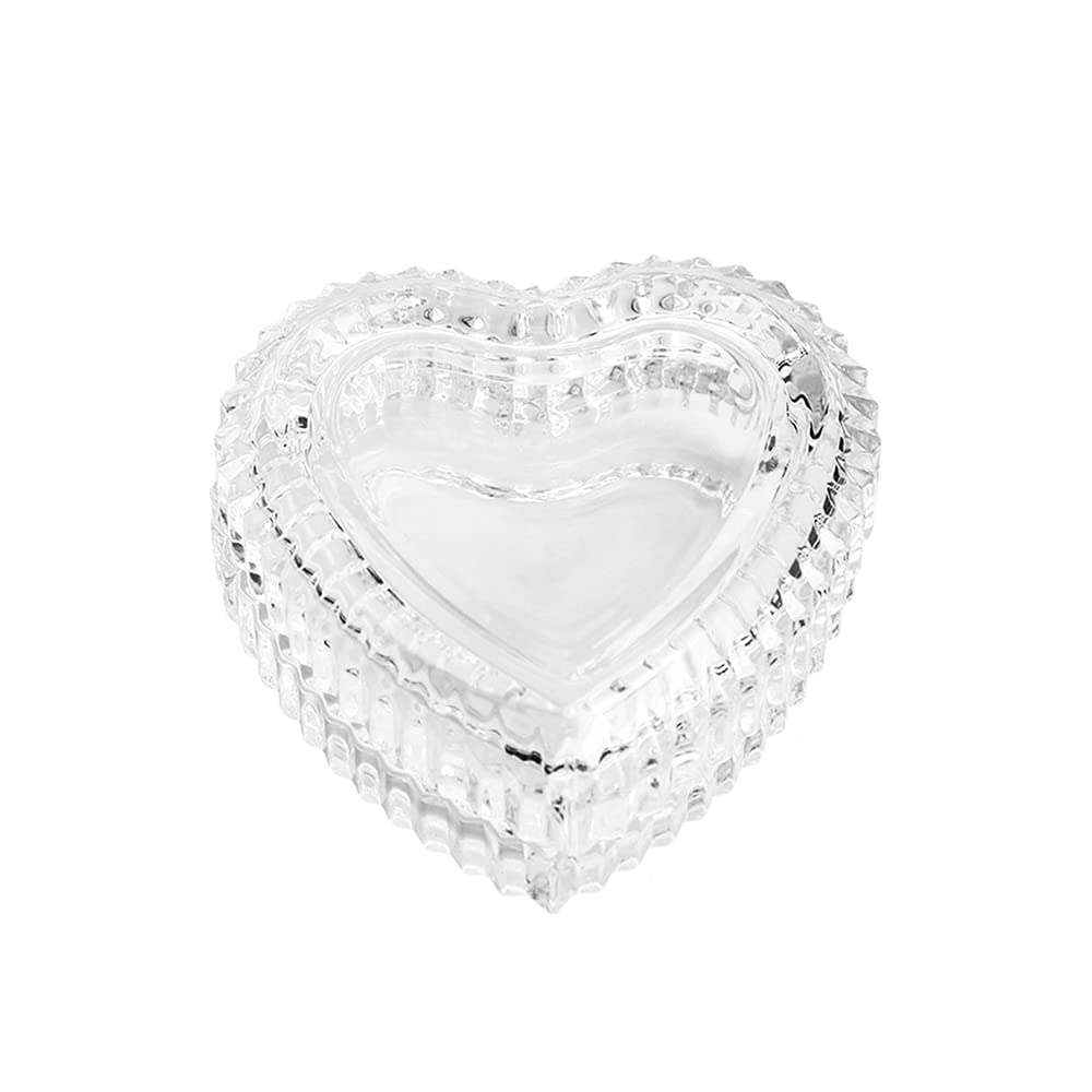 Heart-Shaped Crystal Glass Jewelry Box with Embossed Design and Lid