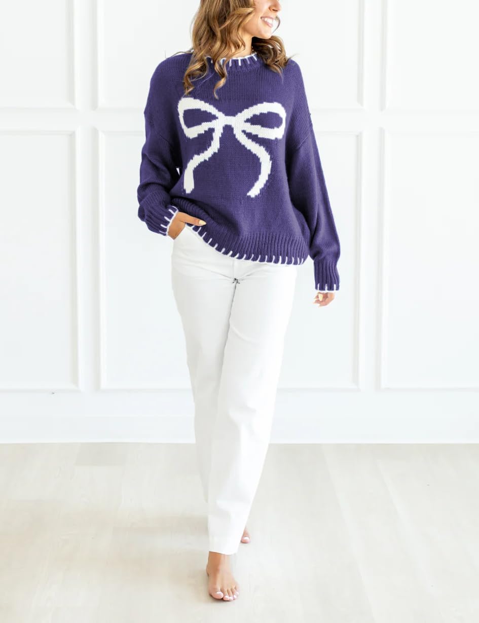 Women Y2K Bow Knit Sweater Crew Neck Long Sleeve Knitted Pullover Oversized Contrast Trim Knitwear