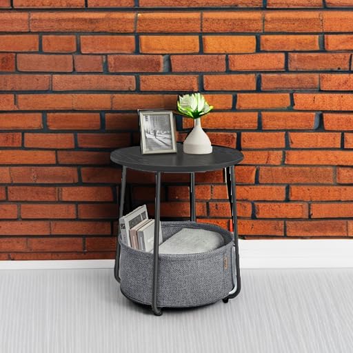 Small Bedside Table with Fabric Basket, Modern Nightstand, Round Side Table