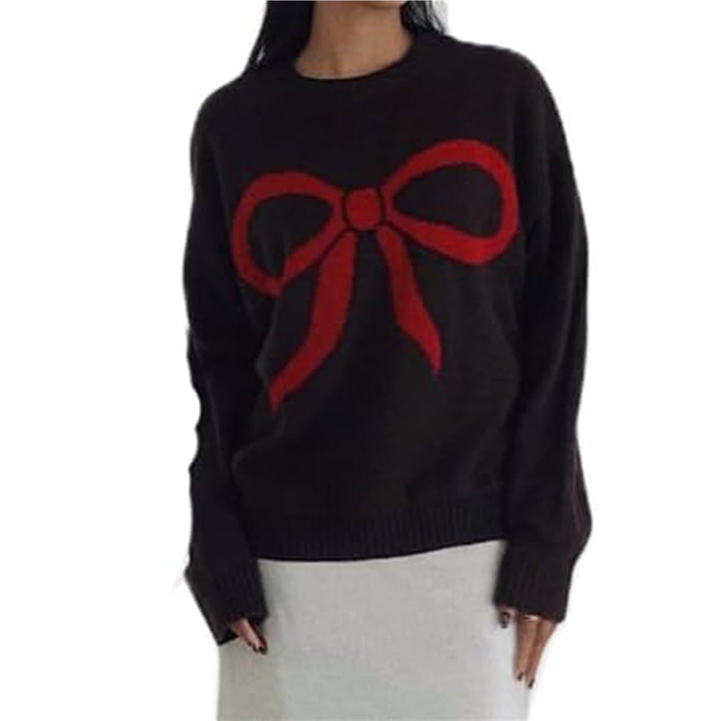 Women Oversized Y2K Fall Sweater Cute Bow Print Long Sleeve Cable Knit Pullover