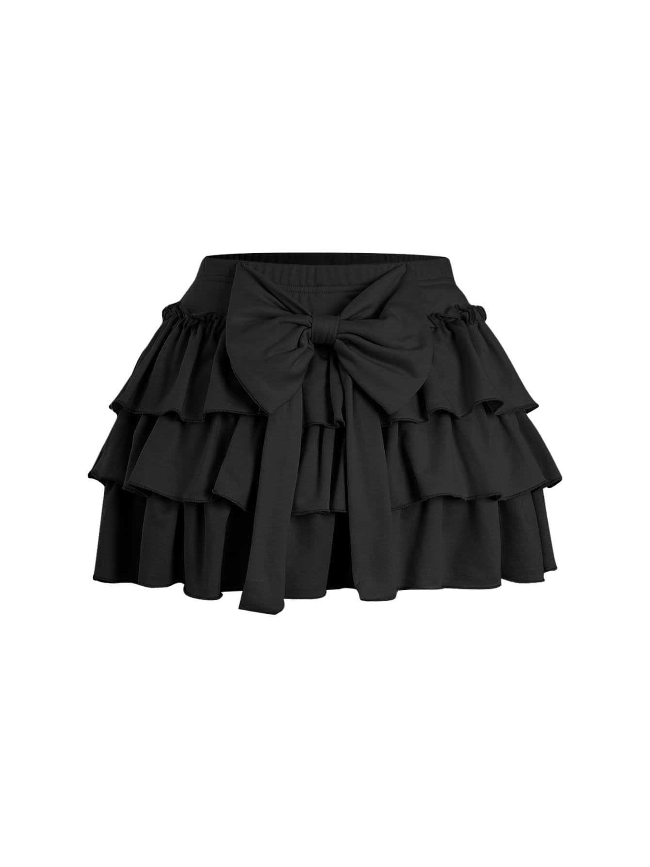 Women's Bow Back Mini Skirt Elastic Low Waist Layered Ruffle Hem Short Cake Skirts