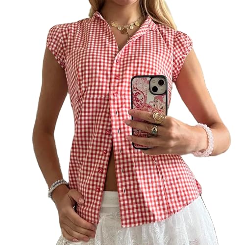 Women Y2k Coquette Button Down Shirt Cute Button Up Cap Sleeve V Neck Preppy Slim Fit Summer 90s Crop Top Blouse