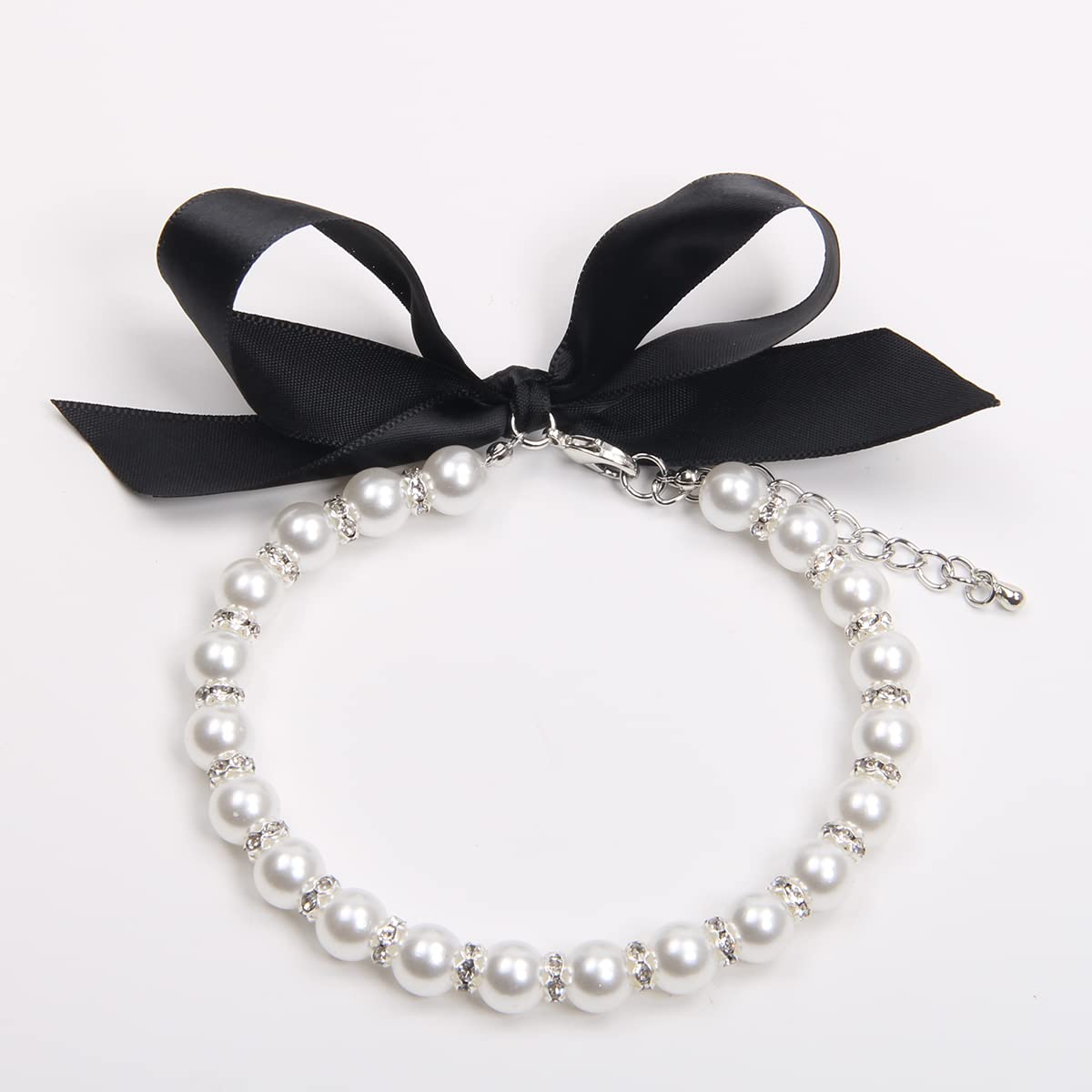 Pearls Necklace Collar with Bling Accessories and Ribbon Bow Pet Jewelry