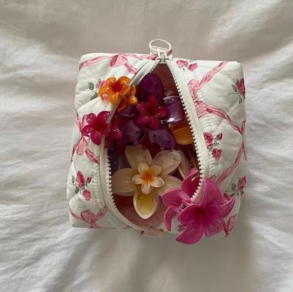 Coquette Y2K Quilted Bow Makeup Bag – Small Preppy Floral Heart Cosmetic Pouch and Toiletry Organizer