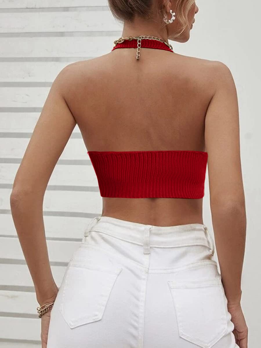 Women's Sexy Deep V Neck Crop Tops Halter Knit Ribbed Bow-Knot Front Backless Cleavage Cropped Tank Top