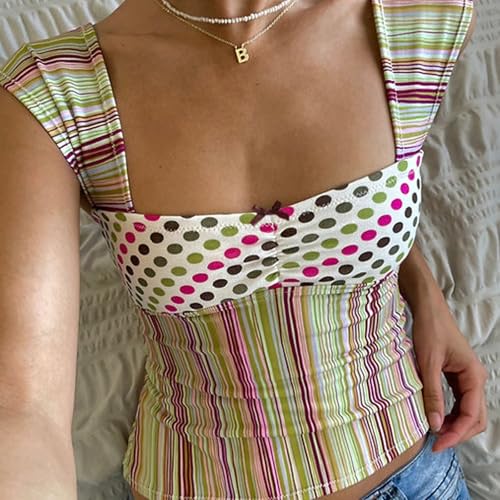 Women Y2K Square Neck Tank Top Sleeveless Polka Dot Crop Top Vintage Patchwork Cami Top