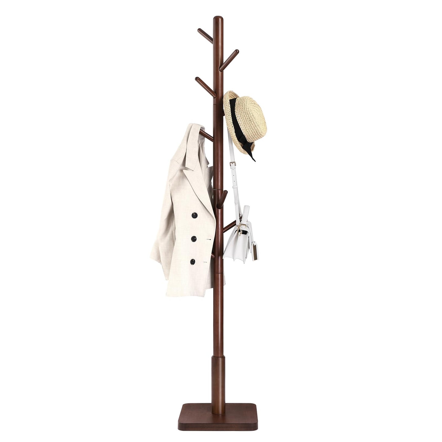 Solid Wood Coat Rack – Free-Standing Tree with 8 Hooks, Adjustable Height for Coats, Hats, and Bags