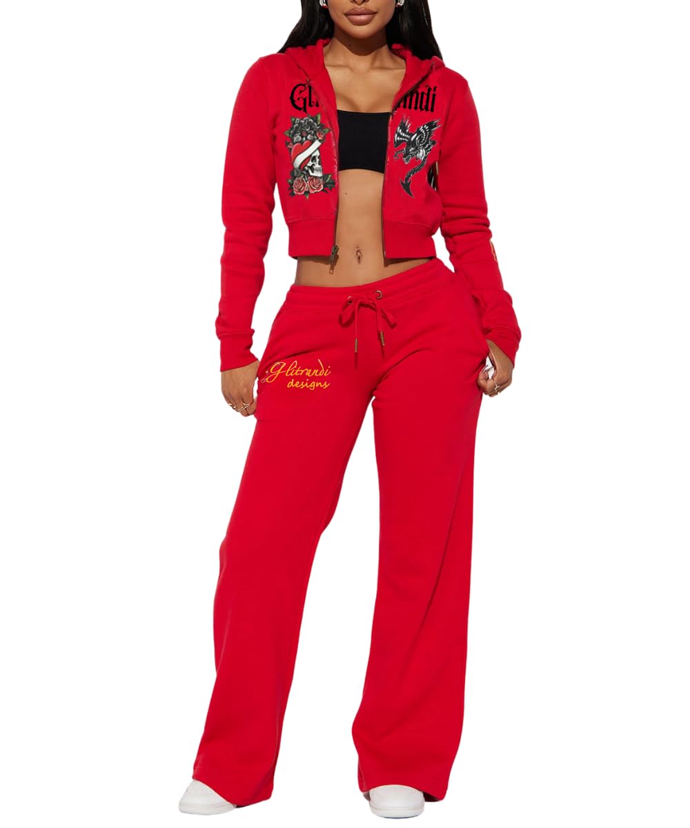 Womens 2 Piece Cropped Hoodies Jacket Sweatpants With Pockets Tracksuit