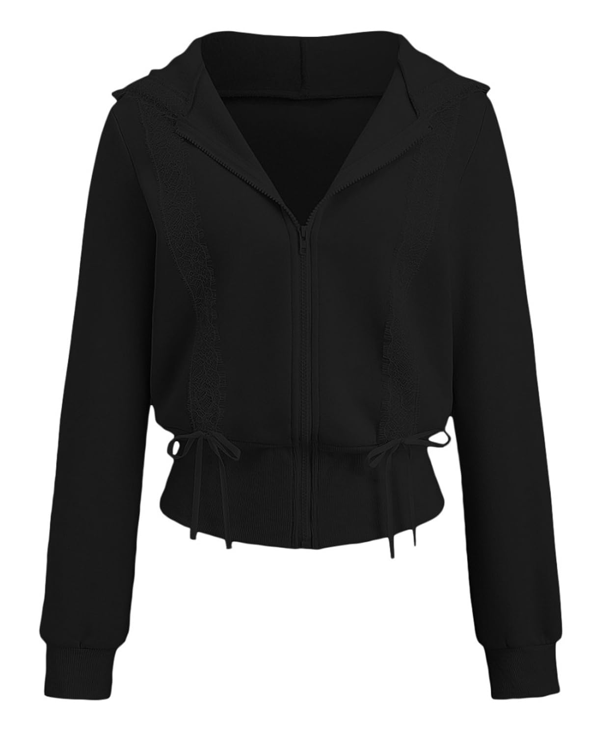 Women's Lace Patchwork Bow Zip-Up Crop Hoodie – Y2K Coquette Fleece Casual Hooded Sweatshirt