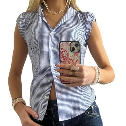 Women Y2k Coquette Button Down Shirt Cute Button Up Cap Sleeve V Neck Preppy Slim Fit Summer 90s Crop Top Blouse