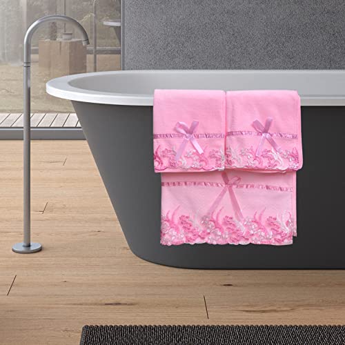 Pink Lace Bath Towels, Velet Ultra Soft & Absorbent Bath Towel and Hand Towels Set for Bathroom