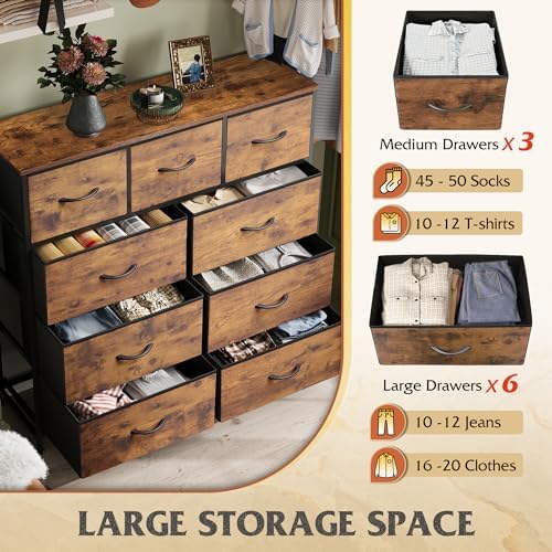 Drawer Fabric 9 Dresser – Tall Storage Tower with Bins, Steel Frame, and Wood Top