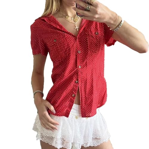 Women Y2k Coquette Button Down Shirt Cute Button Up Cap Sleeve V Neck Preppy Slim Fit Summer 90s Crop Top Blouse