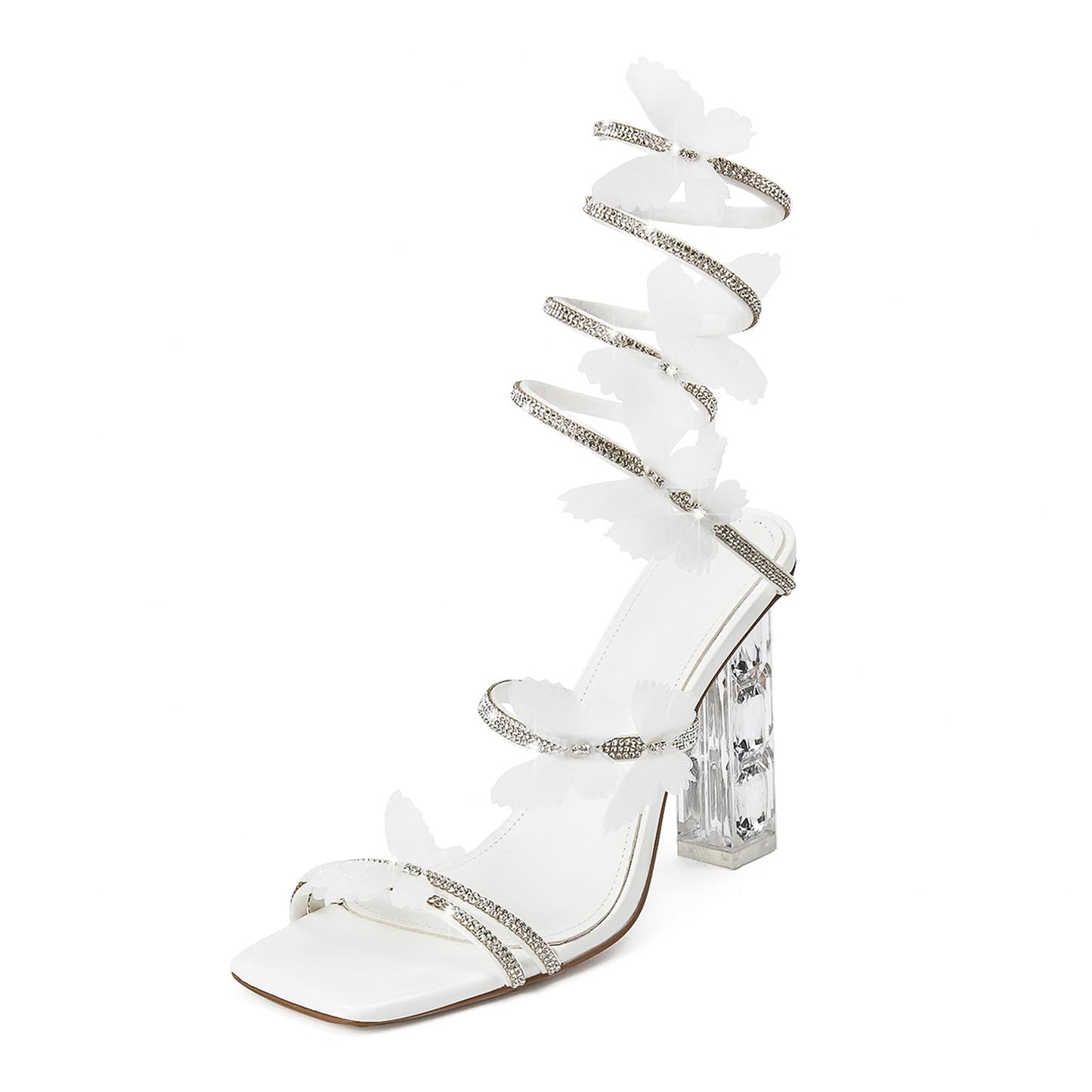 Butterfly Rhinestone Strappy Heels - Crystal High Block Heeled Square Open Toe