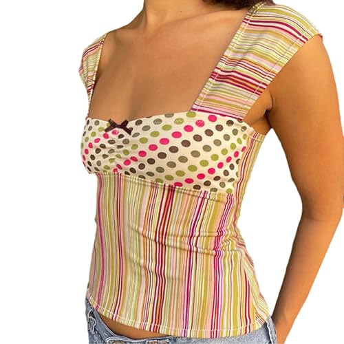 Women Y2K Square Neck Tank Top Sleeveless Polka Dot Crop Top Vintage Patchwork Cami Top