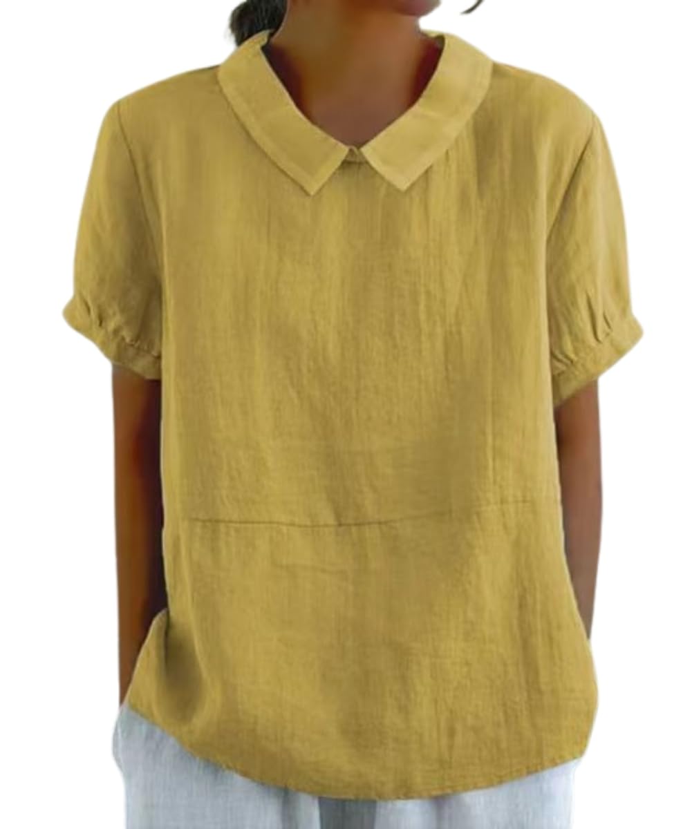 Cotton Linen Shirts Short Sleeve Casual Collared Work Blouse Tunic Tos