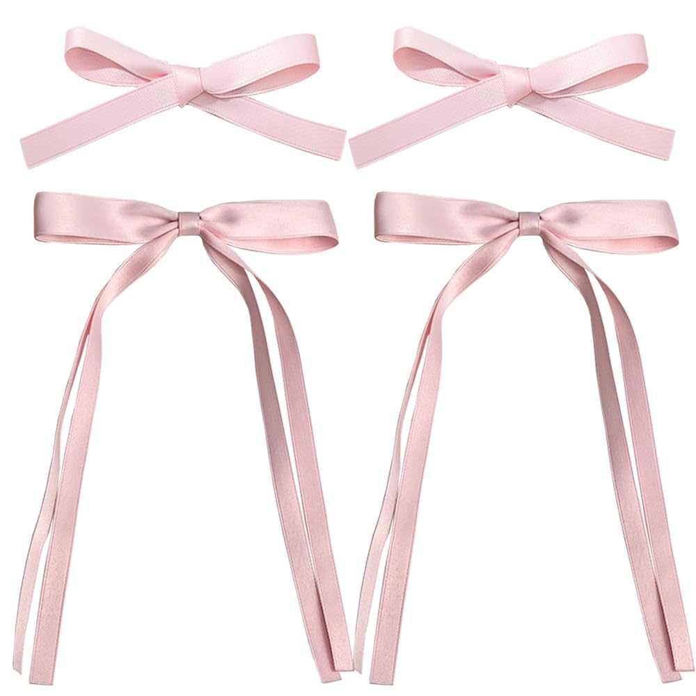 Satin 4-Piece Hair Ribbon Clips for Women and Girls – Pink and Beige Long Tail Bow Hair Accessories