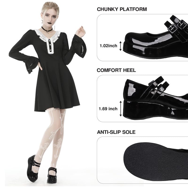 Platform Mary Jane Shoes - Ankle Strap Round Toe Goth Chunky Pumps Oxfords