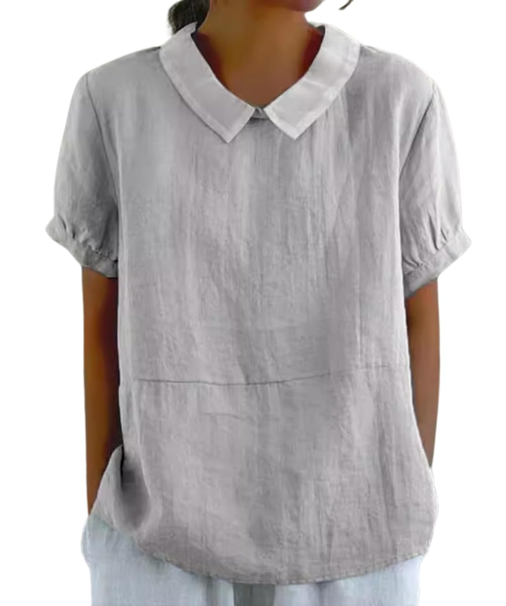 Cotton Linen Shirts Short Sleeve Casual Collared Work Blouse Tunic Tos