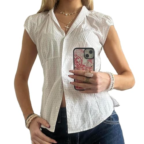 Women Y2k Coquette Button Down Shirt Cute Button Up Cap Sleeve V Neck Preppy Slim Fit Summer 90s Crop Top Blouse