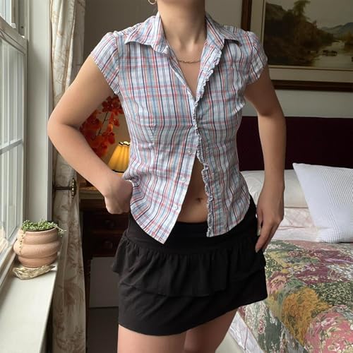 Women Y2k Coquette Button Down Shirt Cute Button Up Cap Sleeve V Neck Preppy Slim Fit Summer 90s Crop Top Blouse