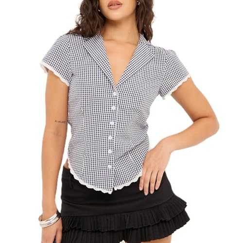 Women Y2k Coquette Button Down Shirt Cute Button Up Cap Sleeve V Neck Preppy Slim Fit Summer 90s Crop Top Blouse