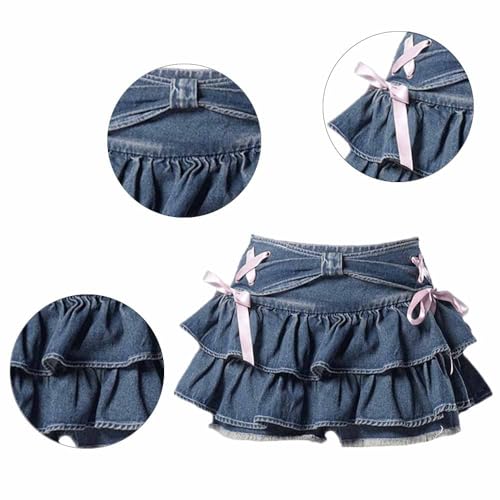 Y2K Women's Bow Low Waist Retro Pleated Skirt with Adjustable Waist A-line Mini Denim Skirt