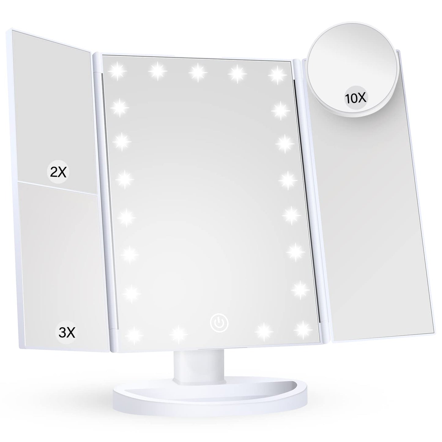 Makeup Mirror Vanity with Lights, 2X 3X 10X Magnification, Lighted Mirror, Touch Control, Trifold Dual Power Supply, Portable LED