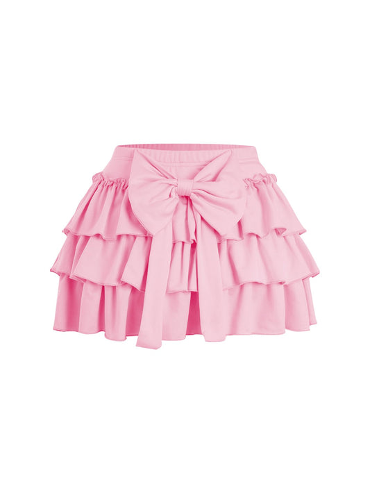 Women's Bow Back Mini Skirt Elastic Low Waist Layered Ruffle Hem Short Cake Skirts