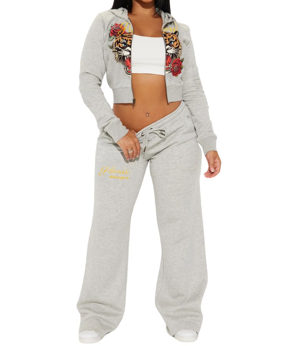 Womens 2 Piece Cropped Hoodies Jacket Sweatpants With Pockets Tracksuit