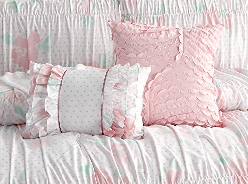 Pretty Floral 4-Piece Comforter set with Smocking and Ruffled texture, Girls, Teen bedding, Shabby Chic, White/Pink/Aqua