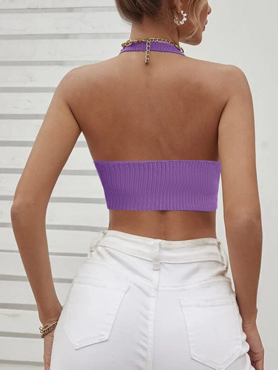 Women's Sexy Deep V Neck Crop Tops Halter Knit Ribbed Bow-Knot Front Backless Cleavage Cropped Tank Top