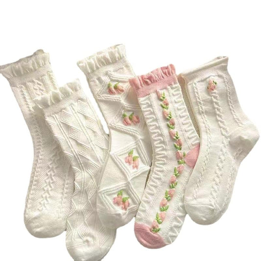 Cute Women's Cottagecore Lace Ruffle Ankle Socks - Cable Knit Cotton Coquette Aesthetic Socks