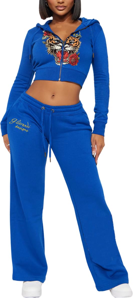 Womens 2 Piece Cropped Hoodies Jacket Sweatpants With Pockets Tracksuit