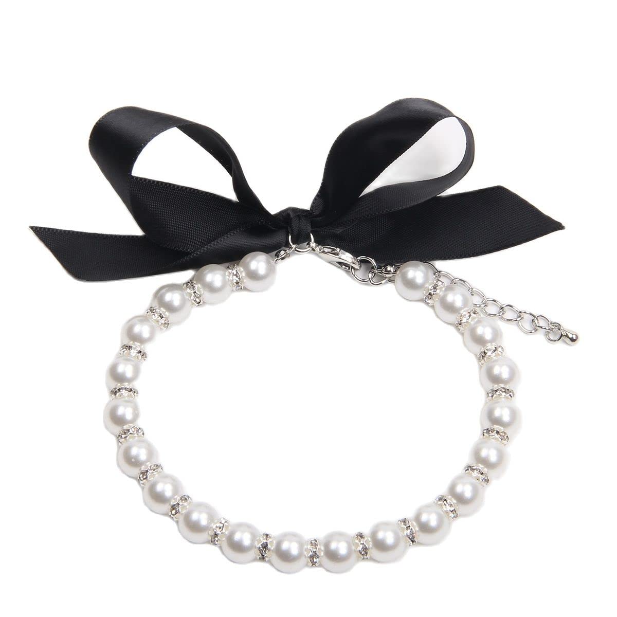 Pearls Necklace Collar with Bling Accessories and Ribbon Bow Pet Jewelry